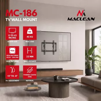 MACLEAN MC-186 TV sieninis laikiklis su pakreipimu 13-43 inch ekranams, VESA 200x200, 45 kg, juodas