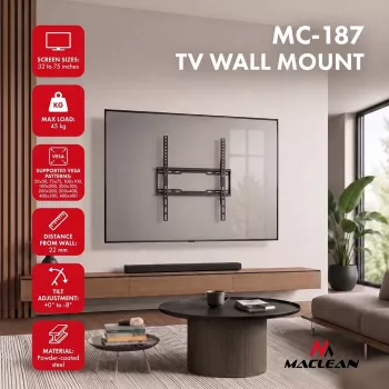 MACLEAN MC-187 TV sieninis laikiklis su pakreipimu, 32–75 colių ekranams, VESA iki 400x400, 45 kg, juodas