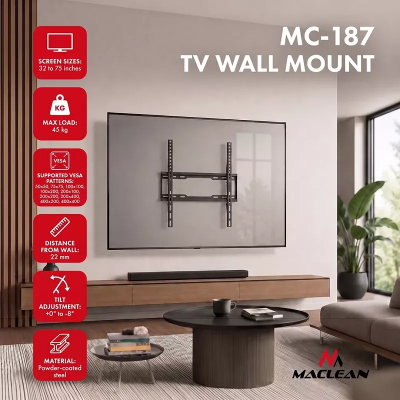 MACLEAN MC-187 TV sieninis laikiklis su pakreipimu, 32–75 colių ekranams, VESA iki 400x400, 45 kg, juodas