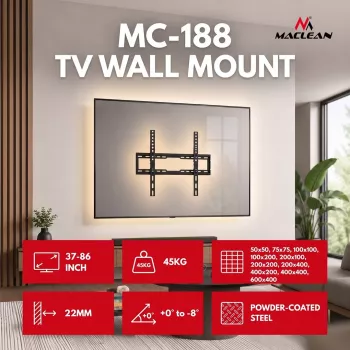 MACLEAN MC-188 TV sieninis laikiklis, max VESA 600x400, 37–86 colių, iki 45 kg, juodas, pakreipimas 0°–8°