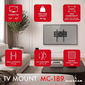 MACLEAN MC-189 TV sieninis laikiklis su pakreipimu, 13–43 colių ekranams, VESA 200x200, 45 kg, juodas
