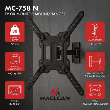 Maclean MC-758 N Fiksuotas TV ir monitoriaus laikiklis prie sienos 23–65 col., 30 kg, VESA 400x400, juodas