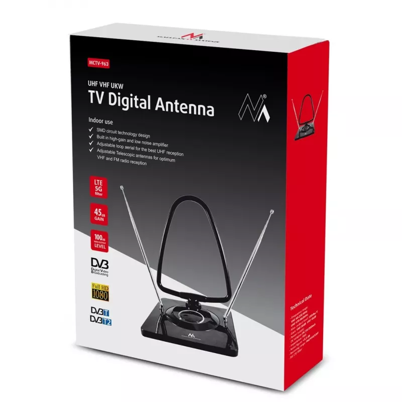 Maclean MCTV-963 aukšto stiprinimo vidaus antena skaitmeninei ir analoginei televizijai, 48 dB, DVB-T/T2, H.265 HEVC
