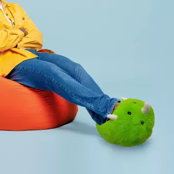 Mad Monkey Foot Warmer Dinosaur – Elektrinis pėdų šildytuvas su 3 šilumos lygiais, apsauga nuo perkaitimo, 90 minučių automatiniu išsijungimu, minkštas pliušas, žalias