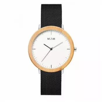MAM MAM687 Unisex 39mm Teak Wood Watch su juodu odiniu dirželiu