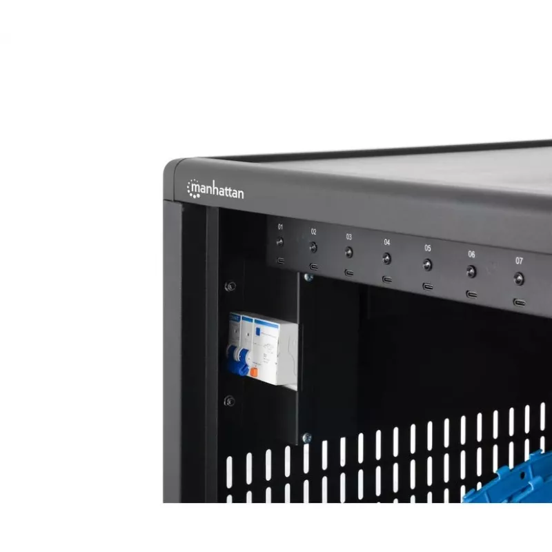 Manhattan 12-Bay USB-C nešiojamųjų kompiuterių įkrovimo spinta ant ratukų, 65W vienam prievadui, 780W bendra galia, plieninė, juoda, UK ir EU laidai, 395x32,5x290 mm skyriai