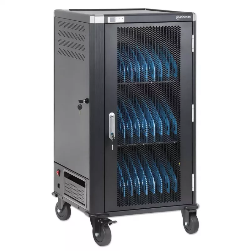 Manhattan 30-Bay nešiojamųjų kompiuterių įkrovimo spinta/vežimėlis per AC adapterį (ES) - užrakinama plieninė spinta, 220-240V, 2300W, CEE 7/7 kištukas, 3m laidas, 4 ratukai