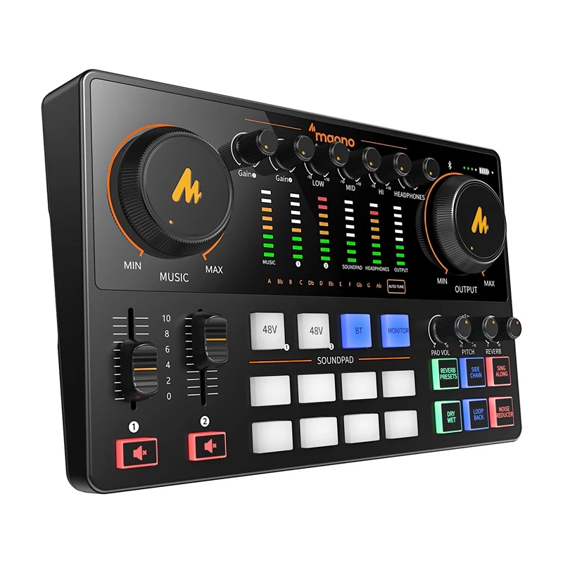 Maono AME2 GEN2 USB-C garso plokštė – 2 XLR/TRS kombinuotos įvestys, +48V fantominis maitinimas, baterijos veikimas