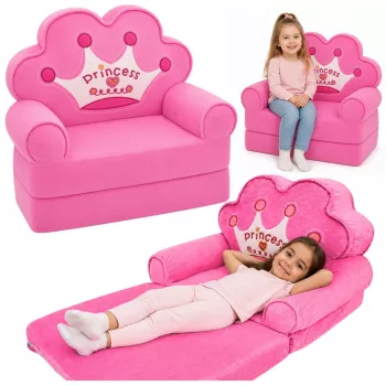 MARKA NIEZDEFINIOWANA Atlošiamas fotelis-sofa 2in1 su karūna vaikams, švelniai rožinis