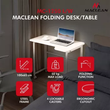 MCN Maclean sulankstomas L formos stalas baltas 100x65 cm mobilus su fiksuojamais ratukais MC-1250 L/W