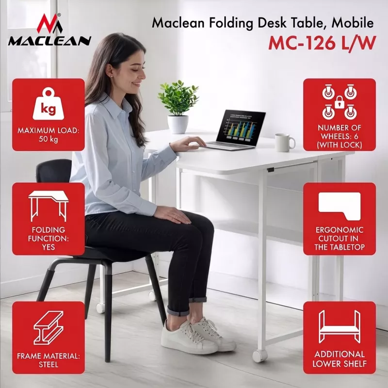 MCN Maclean MC-126 L/W Sulankstomas L formos stalas, baltas, mobilus, 100x73 cm, 50 kg apkrova