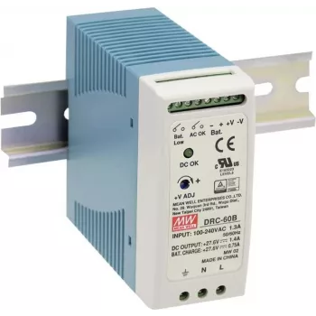 MEAN WELL DRC-100B 96,6 W DIN bėgio maitinimo šaltinis su UPS funkcija ir akumuliatoriaus įkrovikliu, 24 V DC 4 A, 90–264 V AC įėjimas, mėlynas/baltas