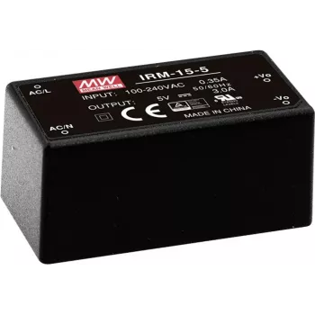 MEAN WELL IRM-15-5 15W 5V 3A encapsulated PCB mount power supply, 85-264VAC input, black