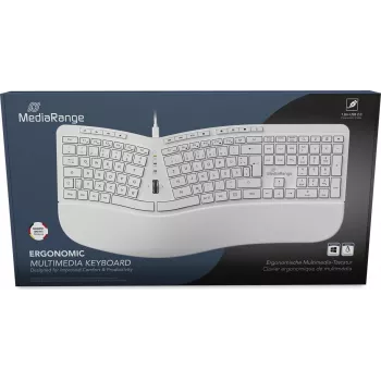 MediaRange MROS272 ergonomiška laidinė klaviatūra, skeltos konstrukcijos, 124 klavišai, integruotas slinkties ratukas, balta