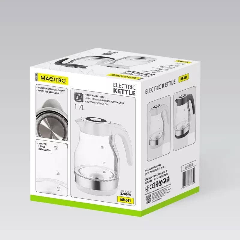 MEO stiklinis elektrinis virdulys 2200W 1,7L juodas MR-061-BLACK MAESTRO