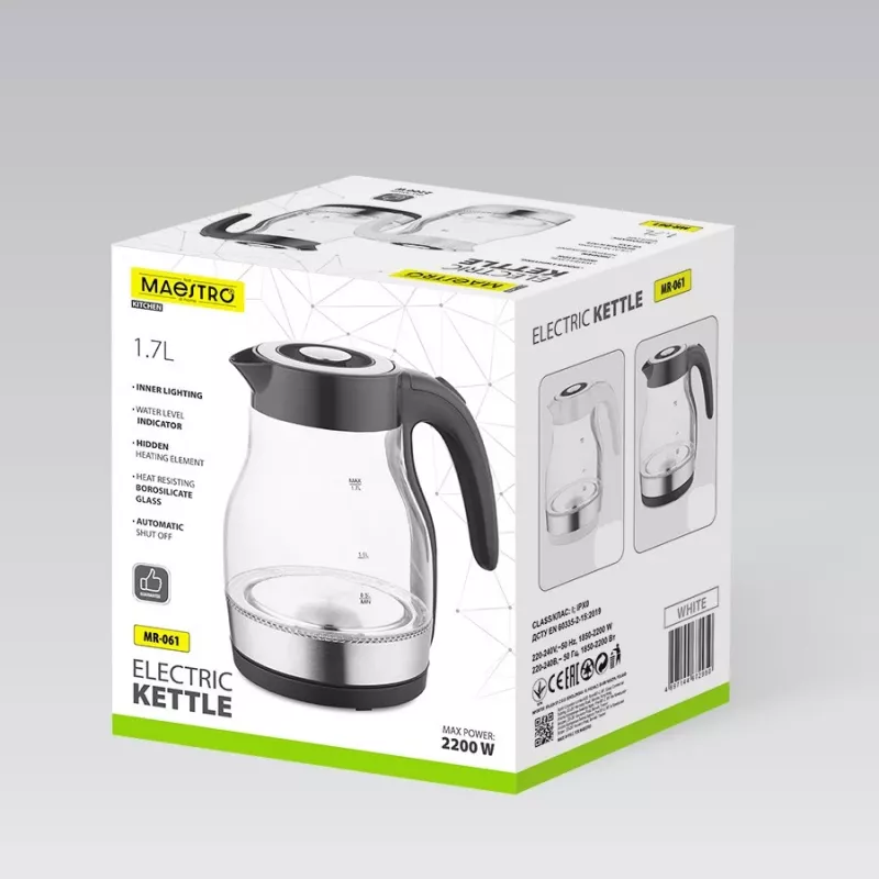 MEO stiklinis elektrinis virdulys 2200W 1,7L juodas MR-061-BLACK MAESTRO
