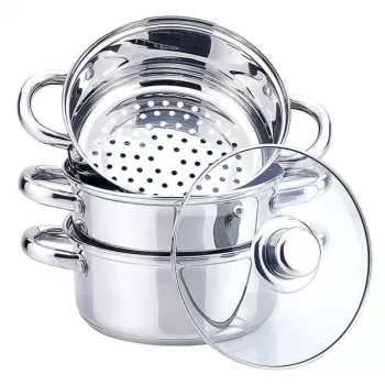 MEO nerūdijančio plieno garų puodas 2L, 18 cm skersmens, su grūdinto stiklo dangčiu, tinka indukcijai MR-2900-18