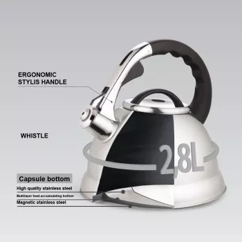 MEO Stovetop Kettle 2.8L MR-1328 MAESTRO Nerūdijančio plieno švilpiantis virdulys su karščiui atsparia bakelito rankena, tinka indukcijai ir visų tipų kaitlentėms, sidabrinis