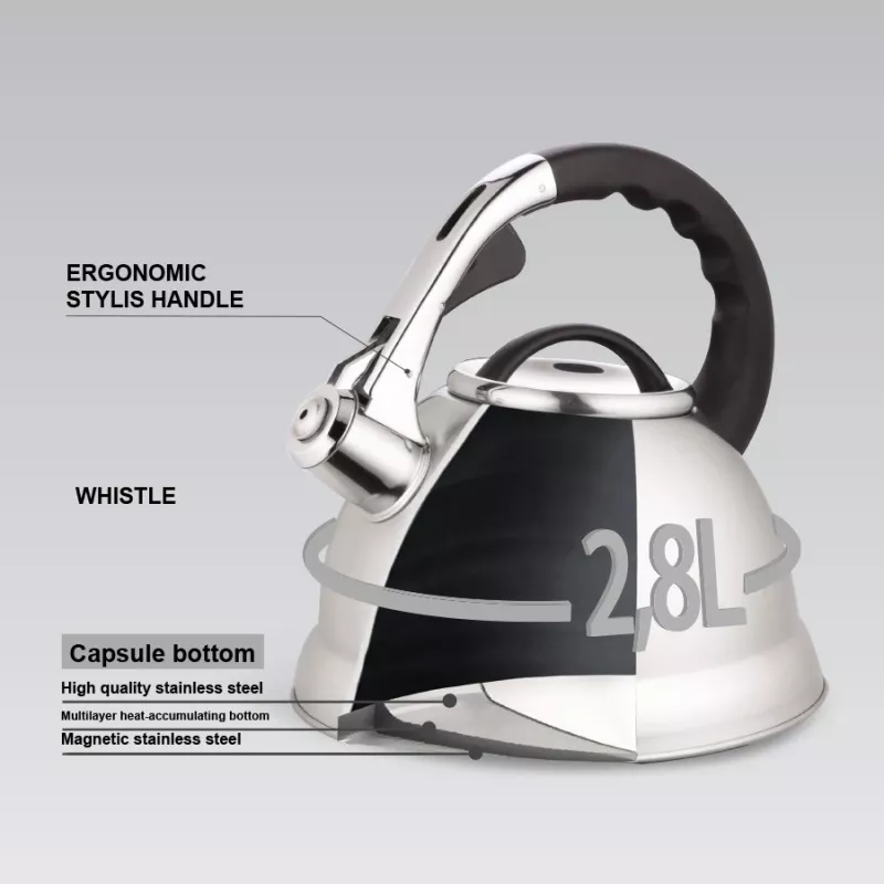 MEO Stovetop Kettle 2.8L MR-1328 MAESTRO Nerūdijančio plieno švilpiantis virdulys su karščiui atsparia bakelito rankena, tinka indukcijai ir visų tipų kaitlentėms, sidabrinis