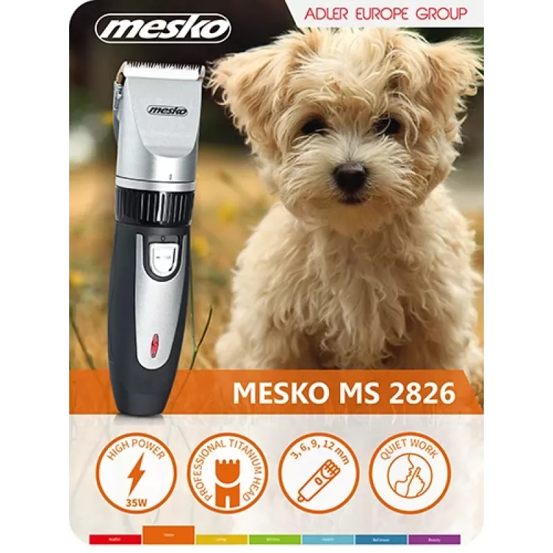 Mesko MS 2826 plaukų kirpimo mašinėlė su 4 šukų antgaliais, nerūdijančio plieno peiliukais, maitinama iš tinklo