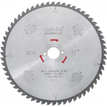 Metabo 628222000 Precision Cut Classic diskinis pjūklo peilis 254x30x2.4mm, 60 dantų, FZ/TR, neigiamas kampas, skirtas KS 254 Plus, KGS 254 M, KGS 254 Plus, KGS 254 I Plus