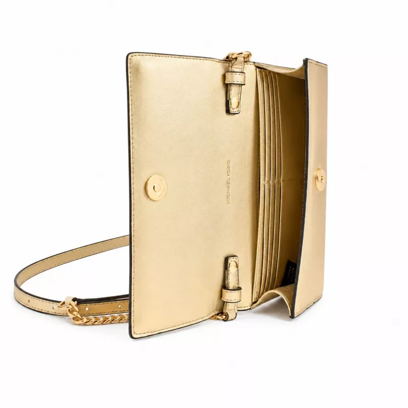 Michael Kors moteriškas kryžminis krepšys Jet Set Charm, Signature Logo Canvas, aukso spalvos furnitūra