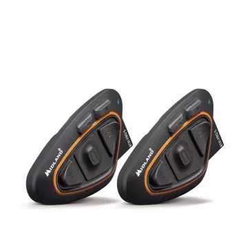 Midland BTX1 PRO S-TWIN Motociklo Bluetooth Interkomo rinkinys (2 vnt.) su 800 m atstumu, 23 h baterija, IPX6, DNK triukšmo slopinimu, FM radiju, universaliu sujungimu