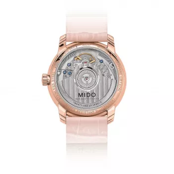 MIDO Baroncelli III Lady automatinis laikrodis 33mm rožinio aukso PVD nerūdijantis plienas sidabrinis ciferblatas rudas odinis dirželis M027207360100