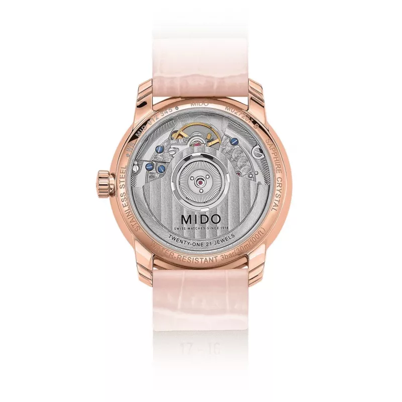 MIDO Baroncelli III Lady automatinis laikrodis 33mm rausvo aukso PVD nerūdijantis plienas sidabrinis ciferblatas ruda odinė apyrankė M027207360100