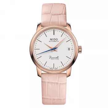 MIDO Baroncelli III Lady automatinis laikrodis 33mm rožinio aukso PVD nerūdijantis plienas sidabrinis ciferblatas rudas odinis dirželis M027207360100