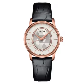 MIDO Baroncelli III Lady automatinis laikrodis 33 mm, rožinio aukso PVD, baltas perlamutro ciferblatas su deimantiniais indeksais, baltas odinis dirželis
