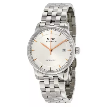 MIDO Vyriškas automatinis laikrodis Baroncelli III 38mm sidabrinis ciferblatas rudo odinio dirželio M86004101