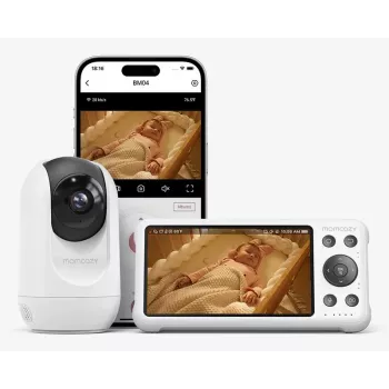 Momcozy BM016-WH12BA-A 5 inch 720p HD vaizdo kūdikio monitorius su pan-tilt-zoom, dvipusiu ryšiu, temperatūros jutikliu, lopšinėmis ir VOX režimu - balta