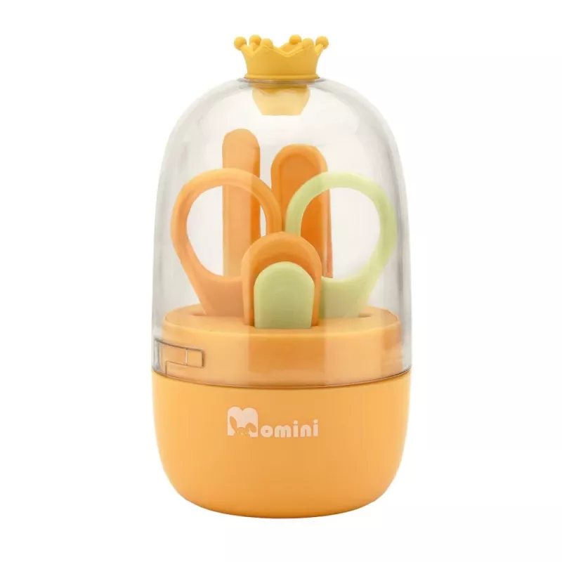 Momini Baby Nail Care Kit Sunny – Elektrinė kūdikių nagų dildė su 6 galvutėmis, 2 greičiais, LED šviesa, balta/geltona