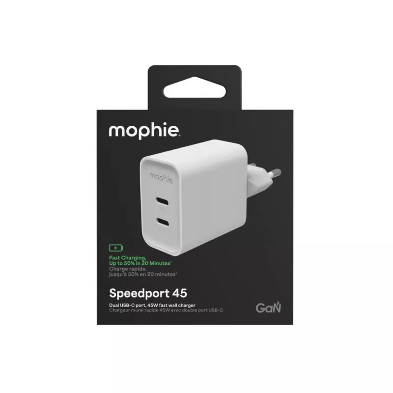 Mophie ROC GaN 45W Dual USB-C sieninis įkroviklis – baltas