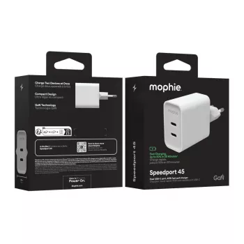 Mophie ROC GaN 45W Dual USB-C sieninis įkroviklis – baltas