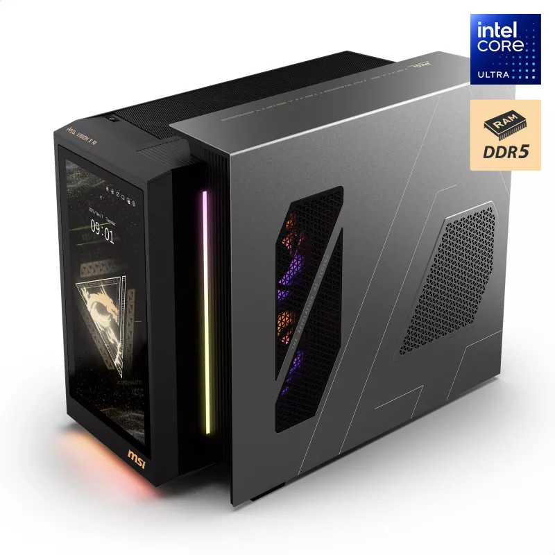 MSI MEG Vision X AI 2NVV9-285AT stalinis kompiuteris (juodas/permatomas, Windows 11 Home)