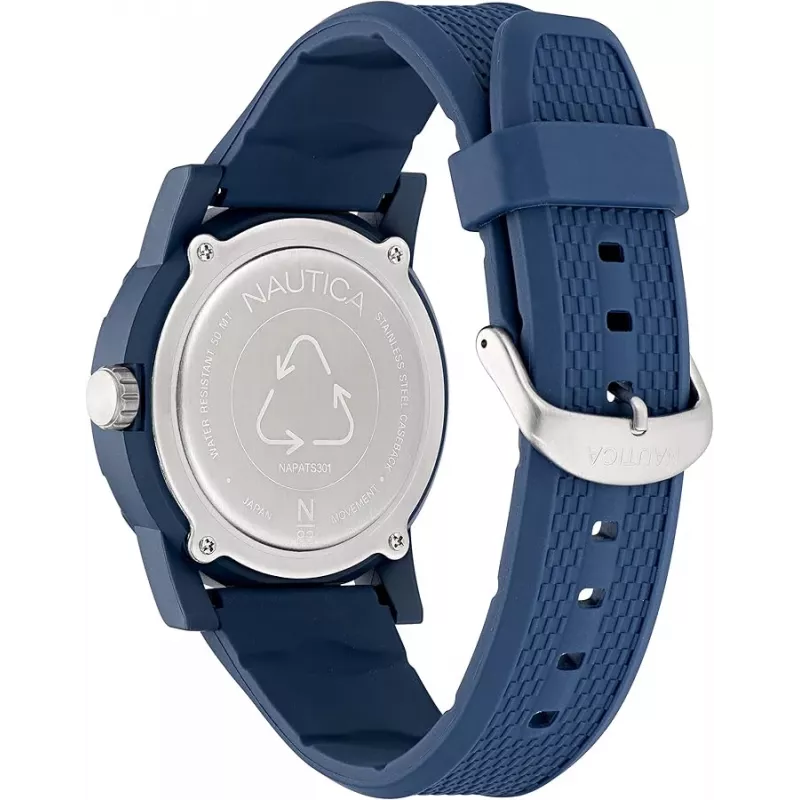 Nautica NAPATS301 vyrų laikrodis – kvarcinis analoginis, 42,5 mm mėlynas ciferblatas, silikoninis dirželis