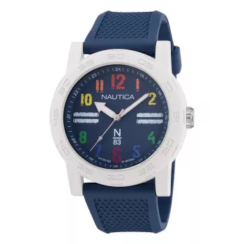NAUTICA NAPATS304 Vyriškas analoginis kvarcinis laikrodis, 42,5 mm nerūdijančio plieno korpusas, mėlyna silikoninė juosta, 100 m atsparumas vandeniui