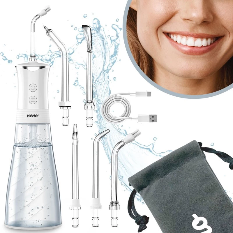 NENO Pulsar White nešiojamas dantų irigatorius su 300 ml talpa, 3 slėgio režimais, USB-C įkrovimu, IPX7, 4 antgaliais