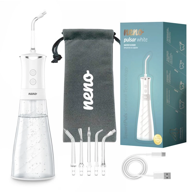 NENO Pulsar White nešiojamas dantų irigatorius su 300 ml talpa, 3 slėgio režimais, USB-C įkrovimu, IPX7, 4 antgaliais