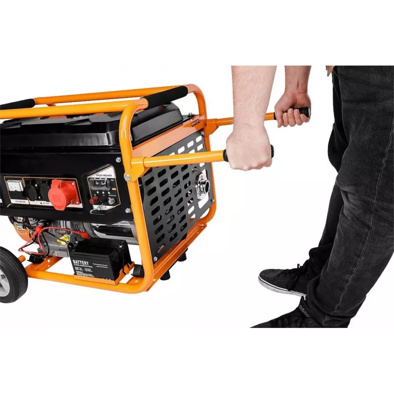 NEO TOOLS 04-732 Trifazis benzolinis generatorius 7,5 kW su AVR, elektriniu užvedimu, ratais