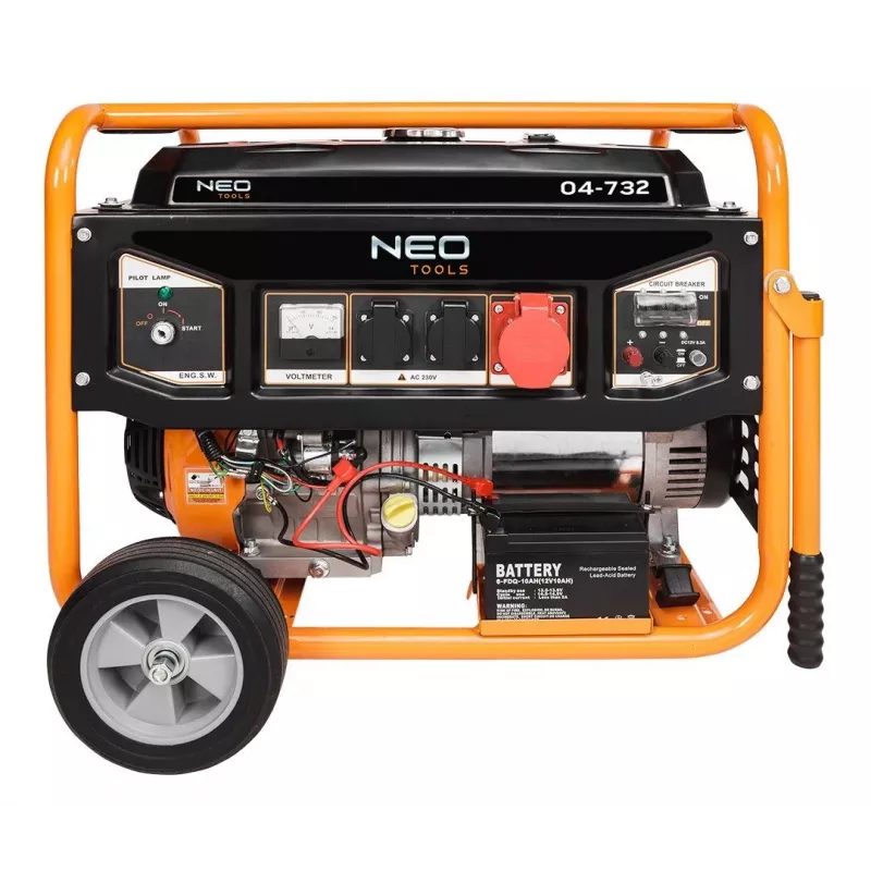 NEO TOOLS 04-732 Trifazis benzolinis generatorius 7,5 kW su AVR, elektriniu užvedimu, ratais