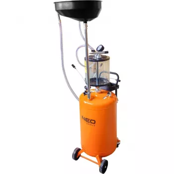 NEO TOOLS 10-811 Mobilus pneumatinis alyvos išsiurbimo įrenginys su kontroliniu rezervuaru, 80 l pagrindinis bakas, 10 l apžiūros bakas, 6–8 bar oro slėgis, 4 pasukami ratukai