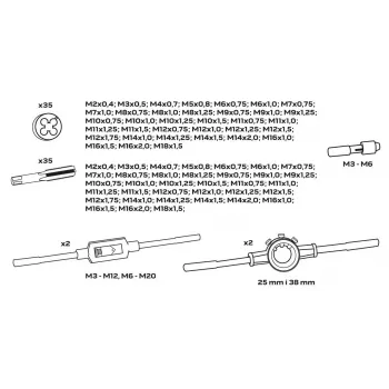 NEO TOOLS 110 dalių metrinis sriegių pjovimo ir remonto rinkinys su HSS įrankiais, reguliuojamais rakteliais ir metaliniu dėklu