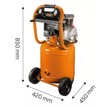 NEO TOOLS 12K010 Vertikalus alyvos tepamu oro kompresorius, 40 L bakas, 230 V, 1.5 kW, 8 bar, 206 L/min siurbimas, su ratukais ir rankena