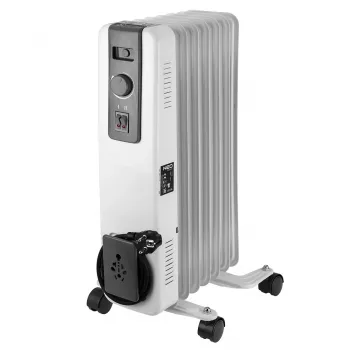 NEO TOOLS 90-151 1500W alyvos radiatorius su 7 sekcijomis, 3 šilumos režimais, termostatu, apsauga nuo perkaitimo, nuo apvirtimo jungikliu, ratukais, baltas