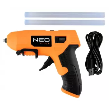 NEO Tools 17-083 20W karštų klijų pistoletas su apsauga nuo lašėjimo, 11 mm klijų lazdelėms, integruotu stoveliu, 230 V, oranžinis/juodas
