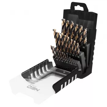 NEO TOOLS 55-090 25 vnt. HSS-CNC gręžtuvų rinkinys metalui, 124° kampas, Pro-Tec, 1,0–13,0 mm