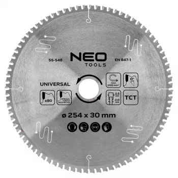 NEO TOOLS 55-548 Diskinis Pjūklas su Kietlydinio Plokštelėmis, 254 mm x 30 mm, 80 Dantų, Universalus
